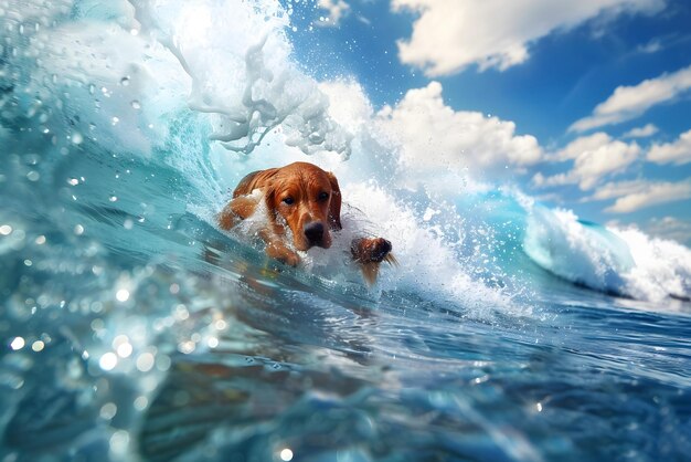 Photo un chien qui surfe littéralement sur l'eau.