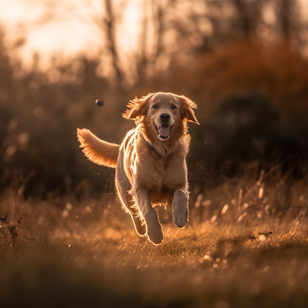 Un chien qui traverse un champ avec le soleil se couchant derrière lui.