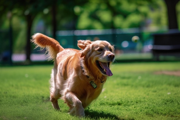 Un chien qui traverse un champ vert luxuriant Image AI générative