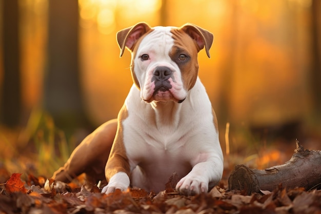 Chien de race bouledogue américain dans le parc pour une promenade à l'automne