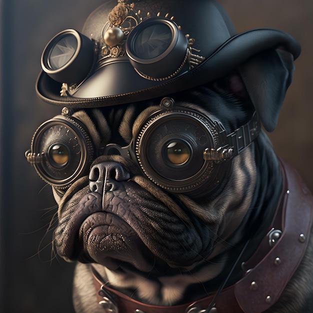 Un chien de race bouledogue français dans le style steampunk