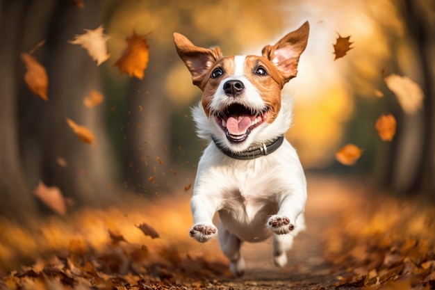 Chien de race Jack Russell Terrier s'amusant dans un parc à l'automne