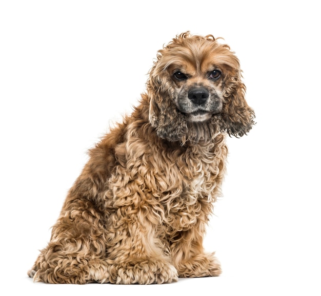 Chien de race mixte brun assis contre fond blanc