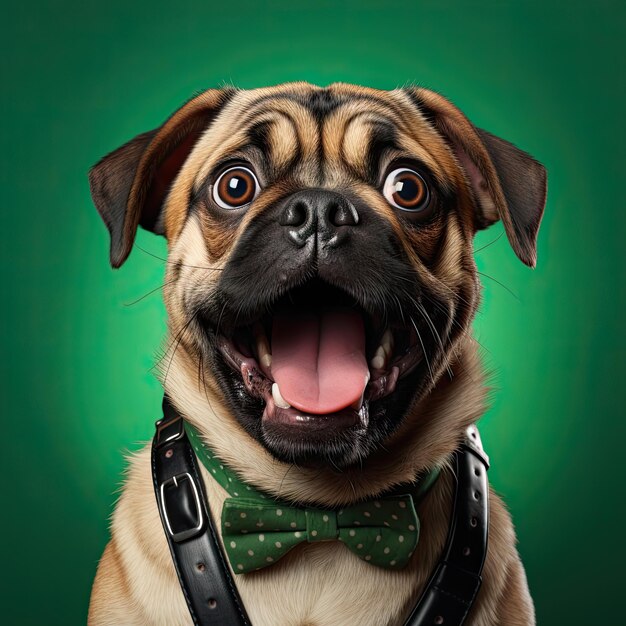 Photo chien de race pure heureux et excité pug en papillon souriant sur un fond vert concept d'animaux domestiques