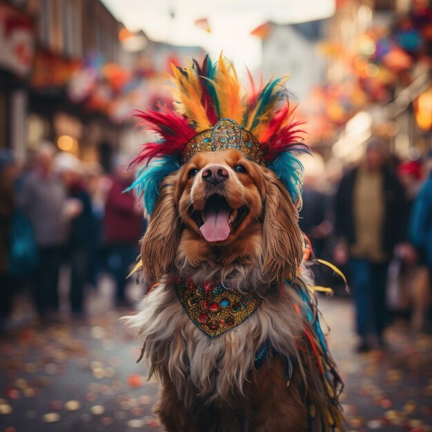 Photo un chien de race pure joyeux avec des accessoires de plumes à la tête assiste au festival traditionnel du carnaval local