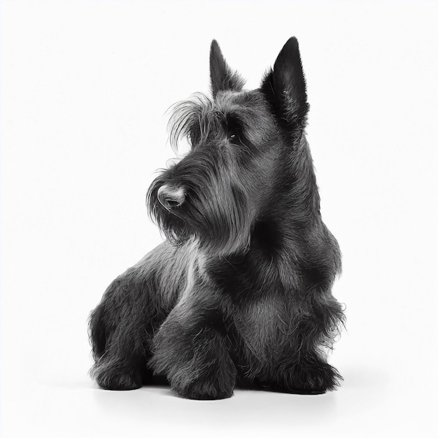 Chien de race scotch terrier noir mignon gentil chien isolé sur blanc gros plan, bel animal de compagnie, chien moelleux