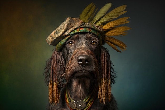 Chien Rastaman avec des dreadlocks et un chapeau fumant une pipe