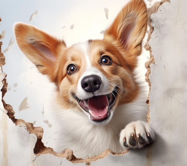 Un chien rayé regardant à travers un trou dans le mur avec un papier déchiré.