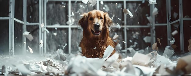 Chien rebelle provoque le chaos dans la pièce en déchirant des papiers Concept Chien qui se comporte mal Chaos dans la pièce Des morceaux de papier Animal de compagnie rebelle