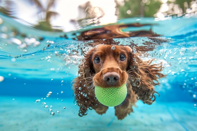 Un chien récupère une balle dans la piscine.