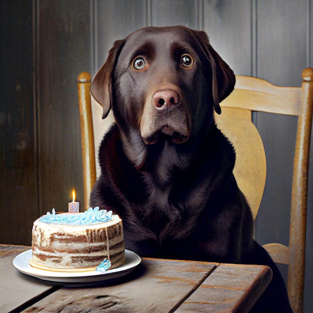 Un chien regarde un délicieux gâteau d'anniversaire généré par l'IA