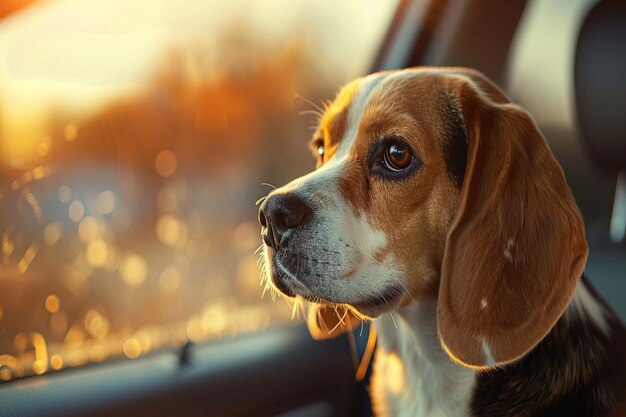 un chien regarde par la fenêtre d'une voiture et le soleil brille sur la fenêtre