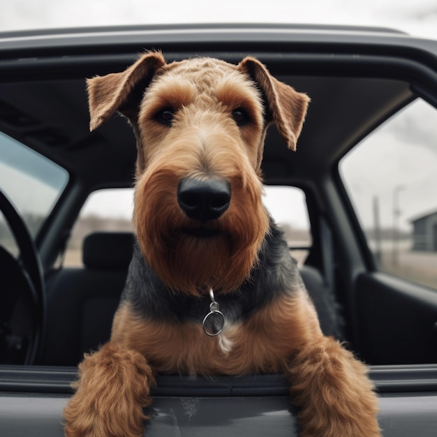 Un chien regarde par la fenêtre d'une voiture.