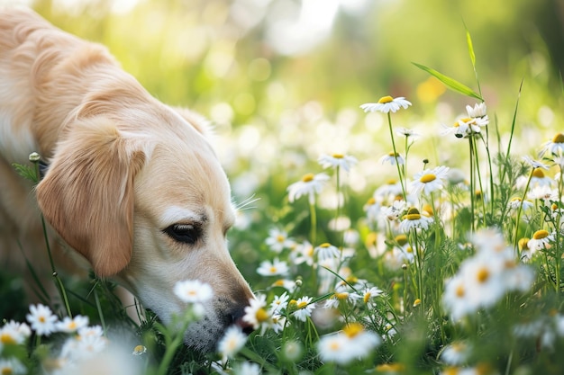 Le chien renifle les fleurs