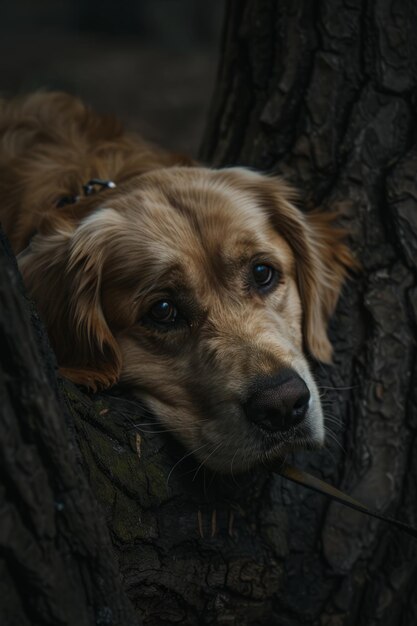 Photo un chien repose sa tête sur un arbre.