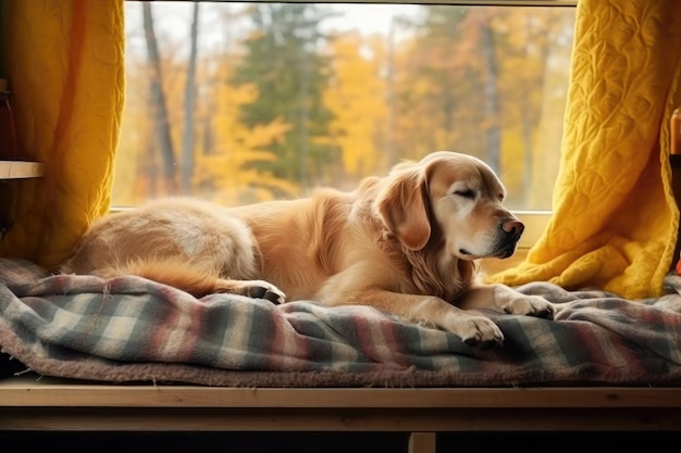 Photo un chien rêveur dort sur un rebord de fenêtre chaud et confortable dans le concept d'hygge météo d'automne