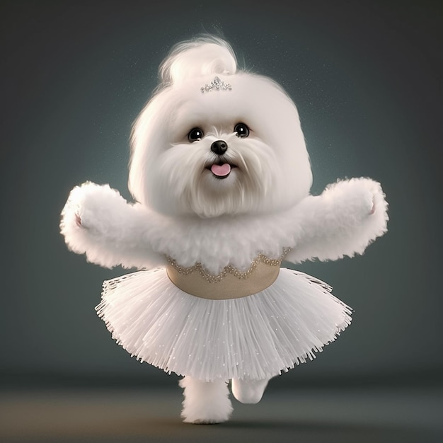 Un chien en robe blanche montre ses mouvements de danse générés par l'IA