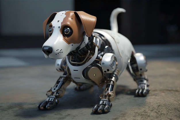 Un chien robot est allongé sur une table avec un chien blanc et marron dessus.