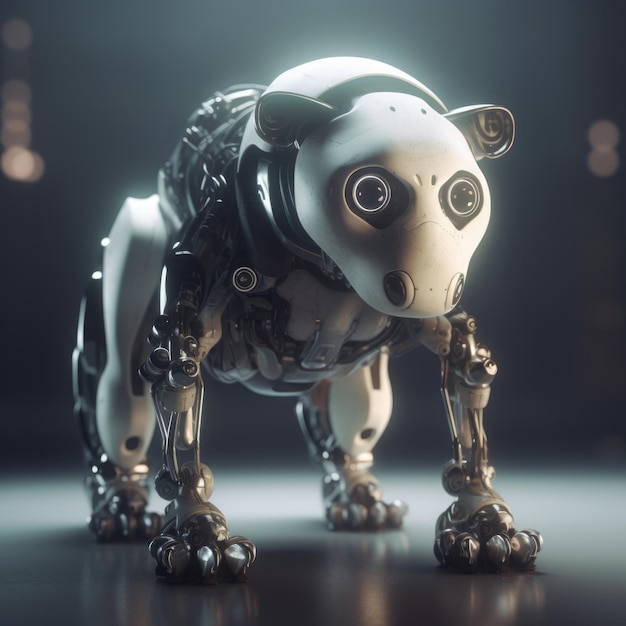 Un chien robot est debout sur une surface sombre