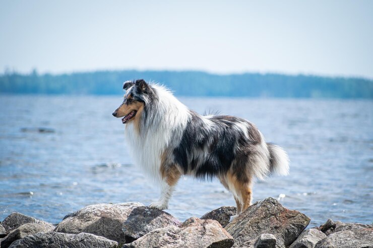 Photo un chien sur un rocher par la mer contre le ciel