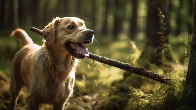 Le chien ronge le bâton dans une prairie forestière