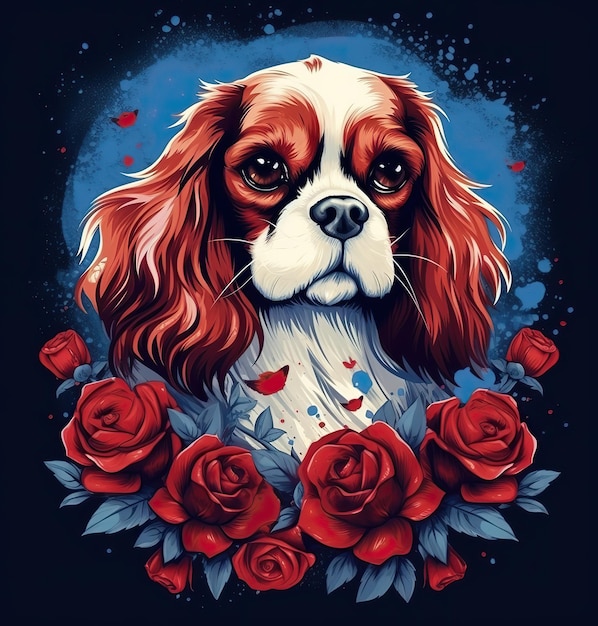 Un chien avec des roses rouges dessus