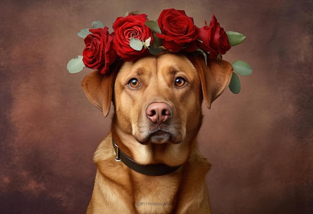 un chien avec des roses sur la tête