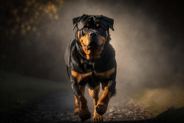 Un chien rottweiler qui court sur un chemin