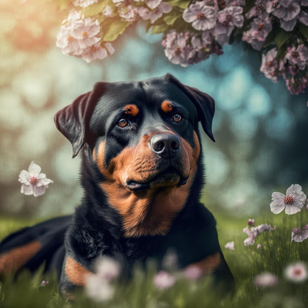 Chien rottweiler réaliste sur fond extérieur naturel ravissant