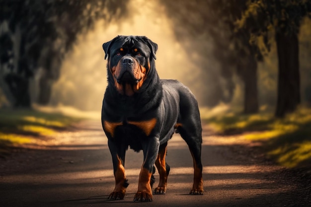 Un chien rottweiler se dresse sur une route dans les bois.