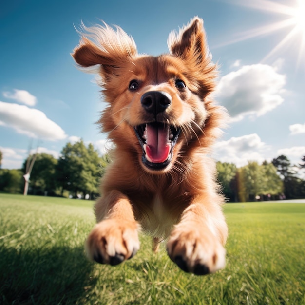 Chien s'amusant et courant vers la caméra bave volant sur une pelouse verte Ai générative