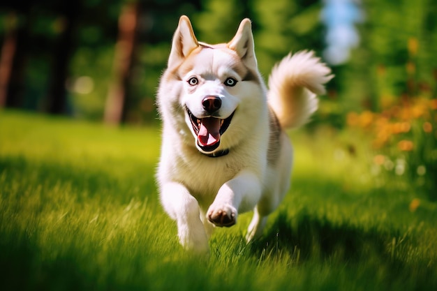 Chien s'amusant et courant vers la caméra bave volant sur une pelouse verte Ai générative