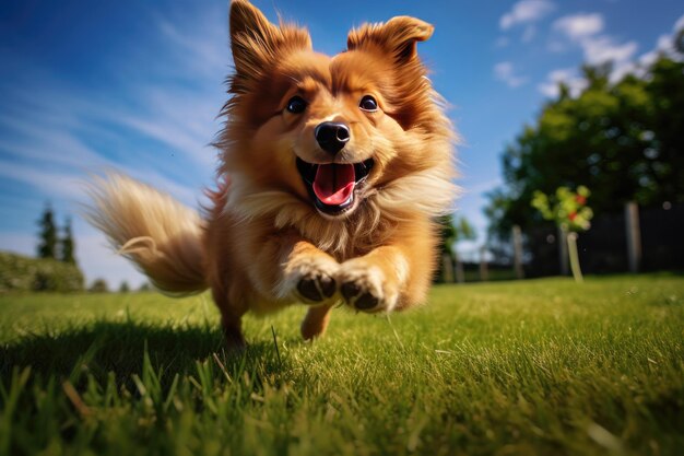 Chien s'amusant et courant vers la caméra bave volant sur une pelouse verte Ai générative