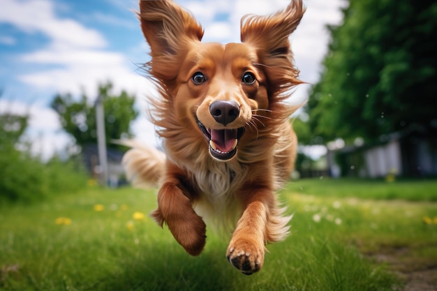 Photo le chien s'amuse et court vers la caméra, bave, vole sur une pelouse verte.