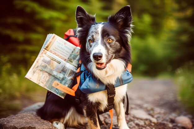 Photo un chien avec un sac à dos et une carte