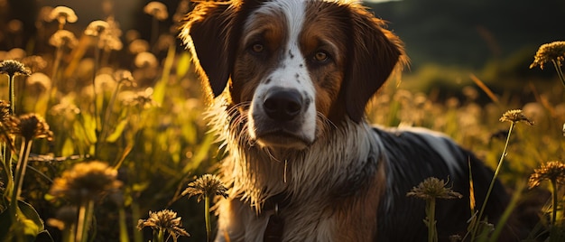 Le chien de Saint-Bernard se détend dans l'herbe sous le ciel bleu