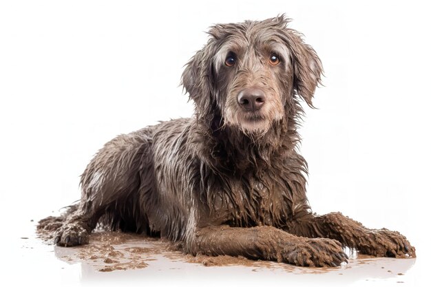 chien sale couvert de boue isolé sur blanc