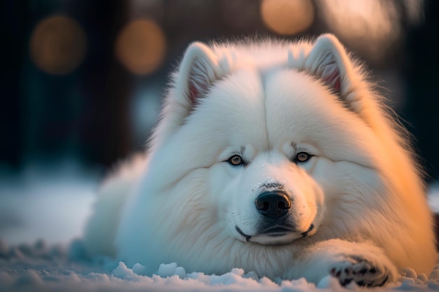 Chien samoyède blanc mignon au repos allongé sur la neige AI générative