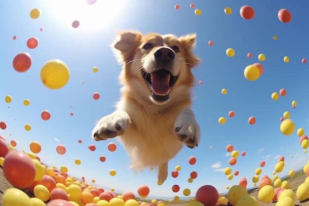 Un chien sautant en l'air avec des ballons en arrière-plan.