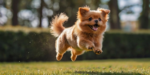 Un chien sautant en l'air un petit chien moelleux orange