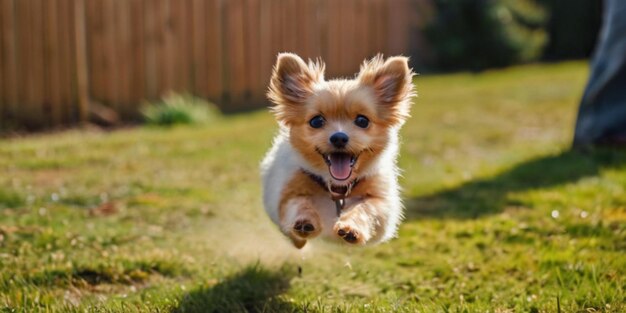 Un chien sautant en l'air un petit chien moelleux orange