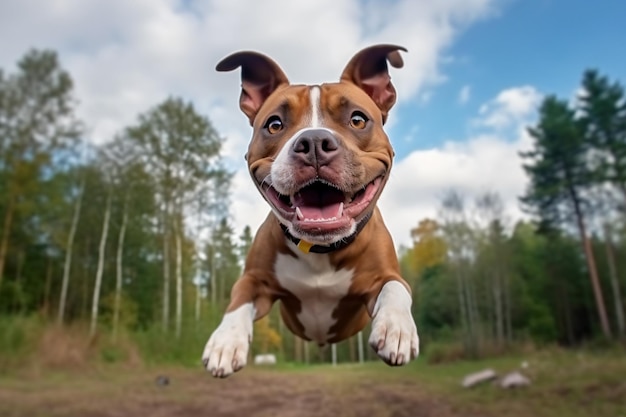 Un chien sautant en l'air avec sa bouche ouverte