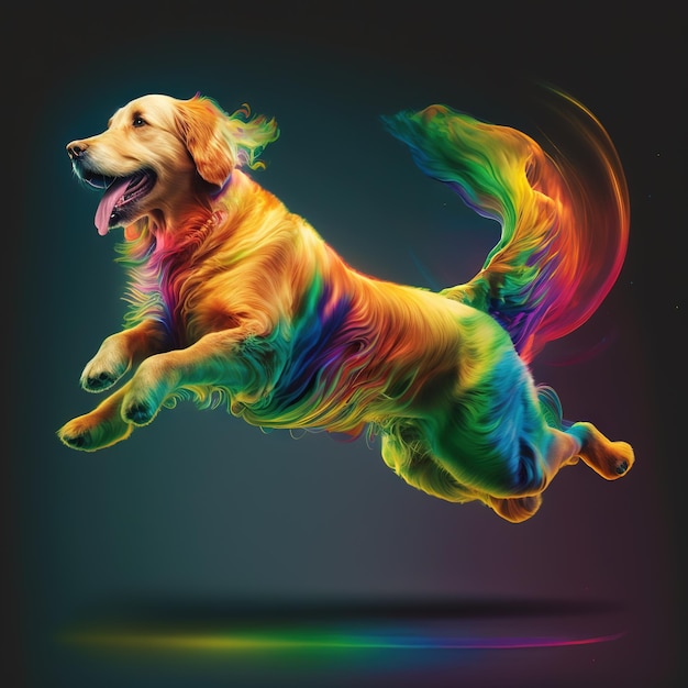 un chien sautant de bonheur aux couleurs de l'arc-en-ciel.