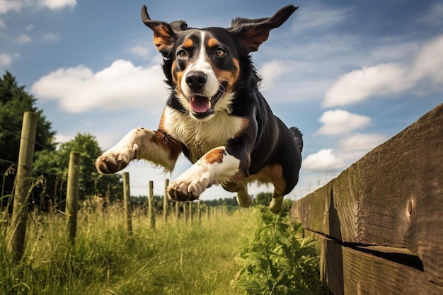 un chien sautant par-dessus une clôture avec un fond de ciel