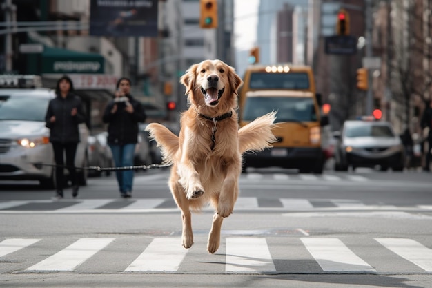 Un chien saute dans une rue d'une ville