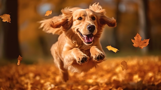 Un chien saute à travers les feuilles dans un parc