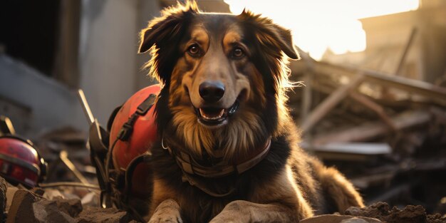 chien de sauvetage de recherche dans un gilet rouge sur le site d'une bannière de bâtiment détruite de haute qualité