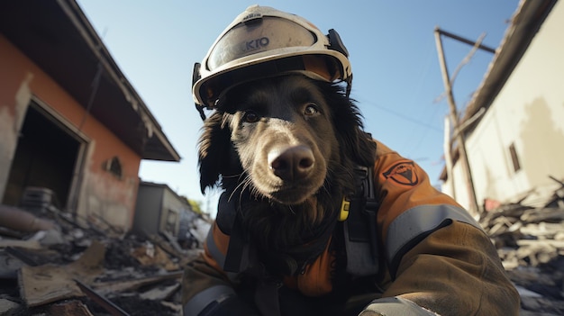 chien sauveteur bon garçon dans un casque et un uniforme sur le site d'un bâtiment détruit bannière de haute qualité