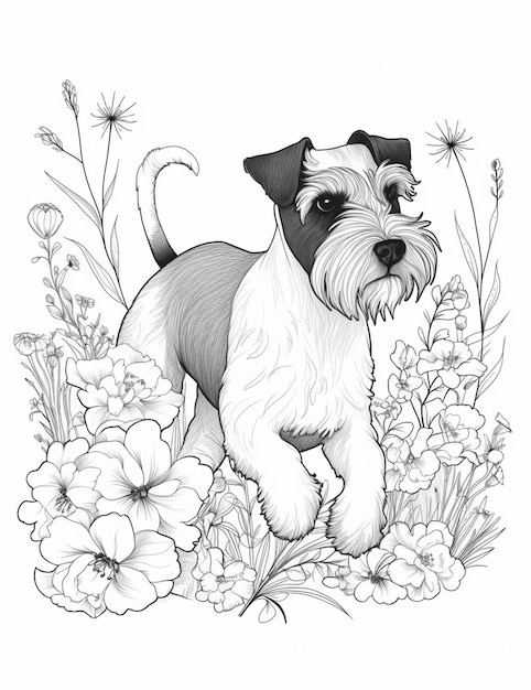 Un chien schnauzer dans un champ de fleurs.