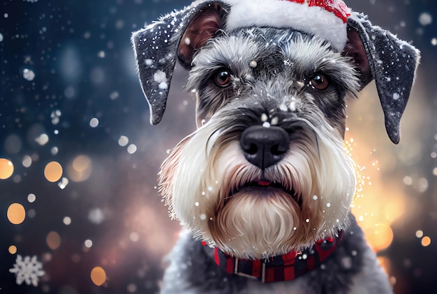 Chien Schnauzer heureux en costume de Père Noël et arrière-plan bokeh brillant Animal et concept de vacances AI générative